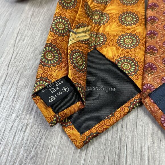 ERMENEGILDO ZEGNA Mens 100% Silk Necktie ITALY Luxury FLORAL Lot 2 Orange EUC - Picture 7 of 8
